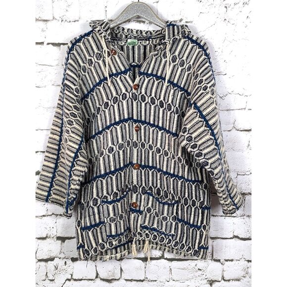 Vintage Nubby Wool Hooded Jacket Coastal Beachy Boho Artsy Pockets Size Large - Picture 1 of 7